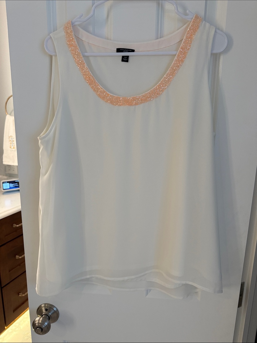 Ann Taylor Ivory Sleeveless Camisole with Peach Beaded Neckline